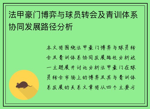法甲豪门博弈与球员转会及青训体系协同发展路径分析