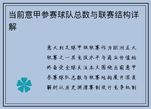 当前意甲参赛球队总数与联赛结构详解